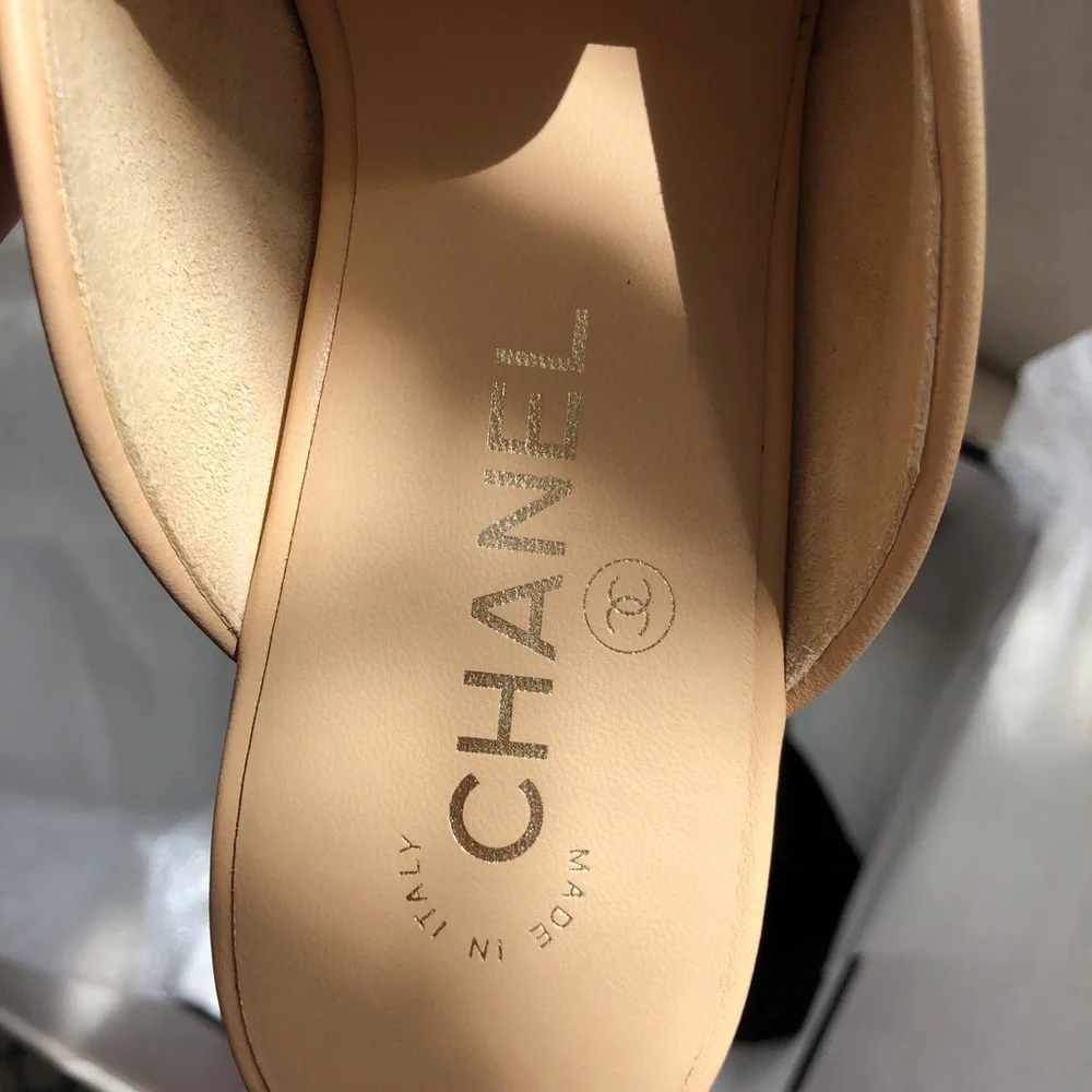 Chanel Beige Leather Pearl-Trim Loafer Mules Size 38